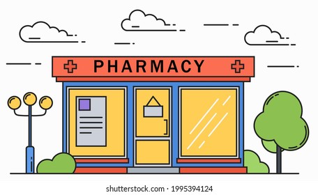 Pharmacy colored building line medicine concept. Architectural form can be used for website design, infographics. Vector illustration isolated on white background.