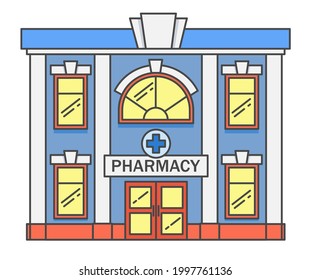 Pharmacy colored building line medicine concept. Architectural form can be used for website design, infographics. Vector illustration isolated on white background.