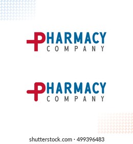 Pharmacy Company Medical Logo Based on Authentic Symbol and Lettering - Blue Grey and Magenta Objects on White Decorated Background - Flat Contrast Graphic Illustration