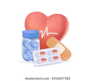 Pharmacy concept 3D. Pills, supplements, capsules and other drugs and medications in bottles and blisters from drugstore. 3D Vector illustration. Home first aid kit for colds, illnesses, viruses