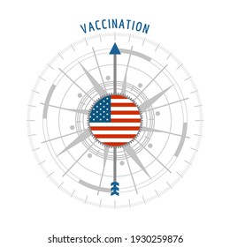 Pharmacy concept. Abstract compass points to the vaccination word. Flag of USA.