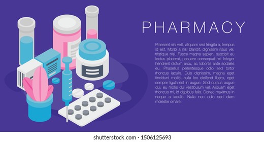 Pharmacy concept banner. Isometric illustration of pharmacy vector concept banner for web design