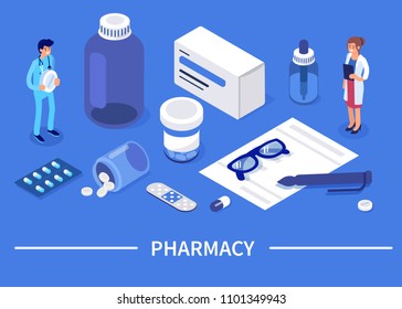 
Pharmacy concept with characters. Can use for web banner, infographics, hero images. Flat isometric vector illustration.
