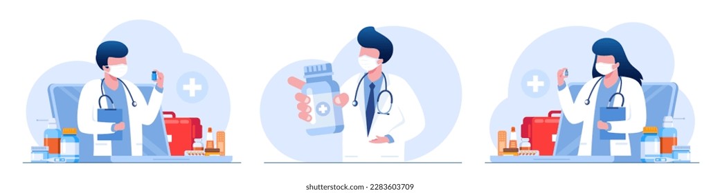 Pharmacy concept, consultation with doctor online, medicine, drug store online, medical. flat illustration vector	