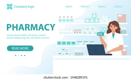 Pharmacy concept. Female pharmacist behind the counter in a drugstore selling medicine. Vector illustration in flat style for banner, landing page, web page