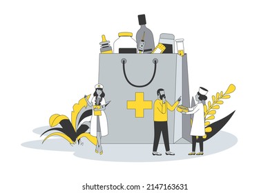 Pharmacy concept in flat line design. People choose and buy drugs with doctors receipt, pharmacists advise buyers and select pills in drugstore. Vector illustration with outline scene for web