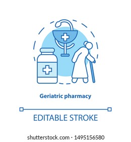 Pharmacy concept icon. Geriatric patient treatment idea thin line illustration. Elderly diseases medication therapy. Healthcare for seniors. Vector isolated outline drawing. Editable stroke