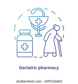 Pharmacy concept icon. Geriatric patient treatment idea thin line illustration. Elderly diseases medication therapy. Healthcare for seniors. Vector isolated outline drawing