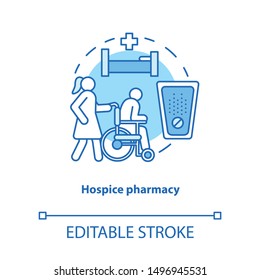 Pharmacy concept icon. Hospice patient medication treatment idea thin line illustration. Senior, disabled people healthcare and pain relief. Vector isolated outline drawing. Editable stroke