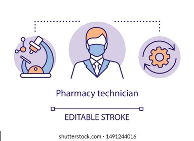 Pharmacy concept icon. Medication technician idea thin line illustration. Profession in pharmaceuticals, pharmacology. Medicine specialist, scientist. Vector isolated outline drawing. Editable stroke