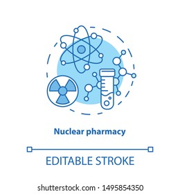 Pharmacy concept icon. Nuclear medication idea thin line illustration. Radioactive element research. Chemotherapy and radioactive drugs. Vector isolated outline drawing. Editable stroke