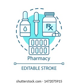 Pharmacy concept icon. Pharmacological products. Medicine, drugs in tablets, drops, capsules. Treatment plan. Drugstore idea thin line illustration. Vector isolated outline drawing. Editable stroke