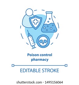 Pharmacy concept icon. Poisons control pharmacology branch idea thin line illustration. Poisonous element and antidote development. Vector isolated outline drawing. Editable stroke