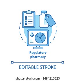 Pharmacy concept icon. Regulatory pharmacology idea thin line illustration. Medicine effectiveness and safety tests. Newly developed drug research. Vector isolated outline drawing. Editable stroke