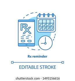 Pharmacy concept icon. Rx medication intake reminder idea thin line illustration. Prescription drugs scheduled alarm. Smartphone medicine tracker. Vector isolated outline drawing. Editable stroke