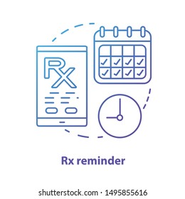 Pharmacy concept icon. Rx medication intake reminder idea thin line illustration. Prescription drugs scheduled alarm. Smartphone medicine tracker. Vector isolated outline drawing