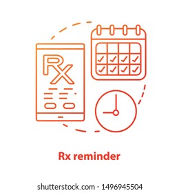 Pharmacy concept icon. Rx medication intake reminder idea thin line illustration. Prescription drugs scheduled alarm. Smartphone medicine tracker. Vector isolated outline drawing