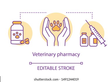 Pharmacy concept icon. Veterinary medication prescription idea thin line illustration. Animal medicine therapy research and treatment. Pet healthcare. Vector isolated outline drawing. Editable stroke