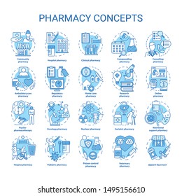 Pharmacy concept icons set. Regulatory, scheduled medication and prescription drugs idea thin line illustrations. Online medicine consultation. Vector isolated outline drawings. Editable stroke