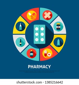Pharmacy Concept Icons. Vector Illustration of Medical Infographics Circle with Objects.