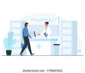 Pharmacy concept illustration. Smiling female pharmacist greeting visitor in a modern pharmacy interior. Vector illustration of woman coming to the pharmacy to buy medicines with the prescription