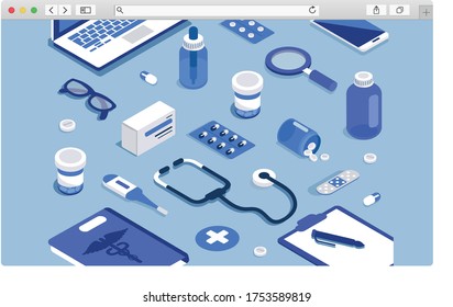 Pharmazie-Konzept. Modernes 3D-Isometrie-Bild. Flaches isometrisches Vektorgrafik.