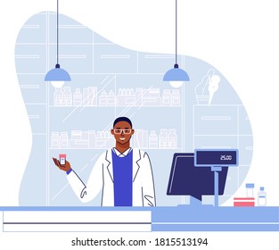 Pharmacy concept with pharmacist black man in drug store. Doctor pharmacist african american ethnic seller at the counter in drugstore. Health care and conceling medication.