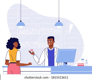 Pharmacy concept with pharmacist and black patient. Doctor pharmacist seller and young african american ethnic woman customer in drugstore. Health care and conceling medication.