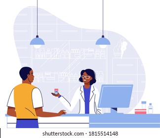 Pharmacy concept with pharmacist and black patient. Doctor pharmacist seller and african american ethnic young man customer in drugstore. Health care and conceling medication.