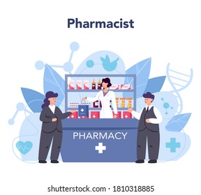 Pharmacy concept. Pharmacist holding a bag with pharmacy drug in bottle and box for disease treatment. Healthcare and medical treatment concept. Isolated vector illustration