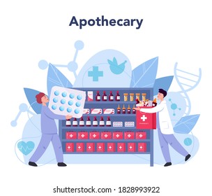 Pharmacy concept. Pharmacist holding a bag with pharmacy drug in bottle and box for disease treatment. Healthcare and medical treatment concept. Isolated vector illustration