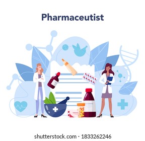 Pharmacy concept. Pharmacist holding a bag with pharmacy drug in bottle and box for disease treatment. Healthcare and medical treatment concept. Isolated vector illustration