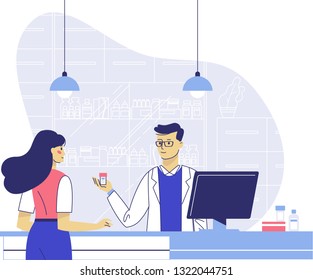 Pharmacy concept with pharmacist and patient. Doctor pharmacist seller and young woman customer in drugstore. Health care and conceling medication.