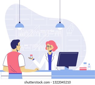 Pharmacy concept with pharmacist and patient. Doctor pharmacist seller and young man customer in drugstore. Health care and conceling medication.