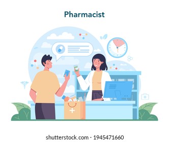 Pharmacy concept. Pharmacist preparing and selling drugs