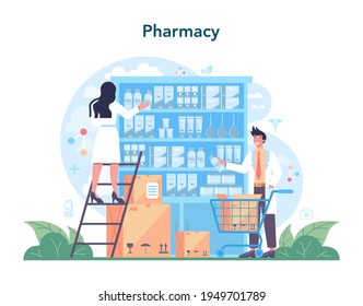 Pharmacy concept. Pharmacist preparing and selling drugs