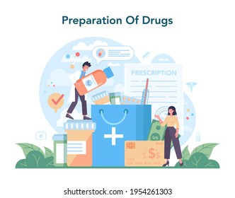 Pharmacy concept. Pharmacist preparing and selling drugs