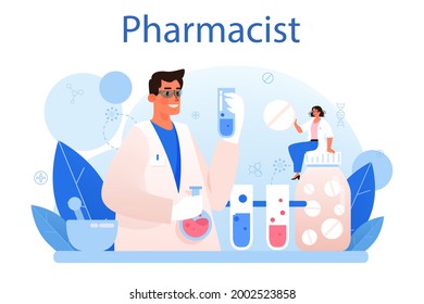 Pharmacy concept. Pharmacist preparing and selling drugs in bottle and box for disease treatment. Healthcare and medical treatment concept. Isolated vector illustration