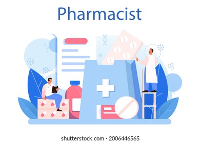 Pharmacy concept. Pharmacist preparing and selling drugs in bottle and box for disease treatment. Healthcare and medical treatment concept. Isolated vector illustration