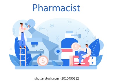 Pharmacy concept. Pharmacist preparing and selling drugs in bottle and box for disease treatment. Healthcare and medical treatment concept. Isolated vector illustration