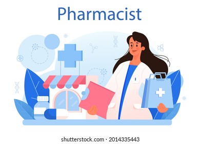 Pharmacy concept. Pharmacist preparing and selling drugs in bottle and box for disease treatment. Healthcare and medical treatment concept. Isolated vector illustration