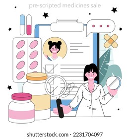 Pharmacy concept. Pharmacist preparing and selling drugs for diseases treatment. Healthcare and medical treatment consultation. Flat vector illustration