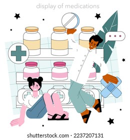 Pharmacy concept. Pharmacist preparing and selling drugs for diseases treatment. Healthcare and medical treatment consultation. Flat vector illustration