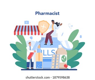 Pharmacy concept. Pharmacist selling drugs in bottle and box for disease treatment. Healthcare and medical treatment concept. Isolated vector illustration