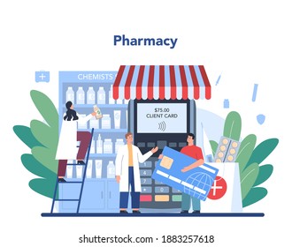 Pharmacy concept. Pharmacist selling drugs in bottle and box for disease treatment. Healthcare and medical treatment concept. Isolated vector illustration