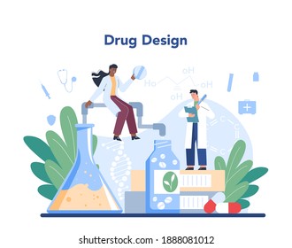 Pharmacy concept. Pharmacist selling drugs in bottle and box for disease treatment. Healthcare and medical treatment concept. Isolated vector illustration