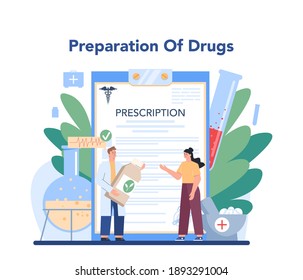 Pharmacy concept. Pharmacist selling drugs in bottle and box for disease treatment. Healthcare and medical treatment concept. Isolated vector illustration