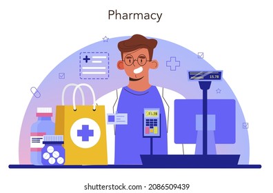 Pharmacy concept. Pharmacist selling drugs in bottle and box for disease treatment. Healthcare and medical treatment concept. Isolated vector illustration