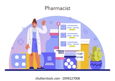 Pharmacy concept. Pharmacist selling drugs in bottle and box for disease treatment. Healthcare and medical treatment concept. Isolated vector illustration