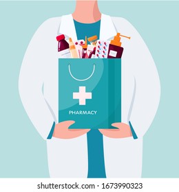 Pharmacy concept. Pharmacist standing and holding a big bag with pharmacy drug in bottle and box for disease treatment. Isolated vector illustration